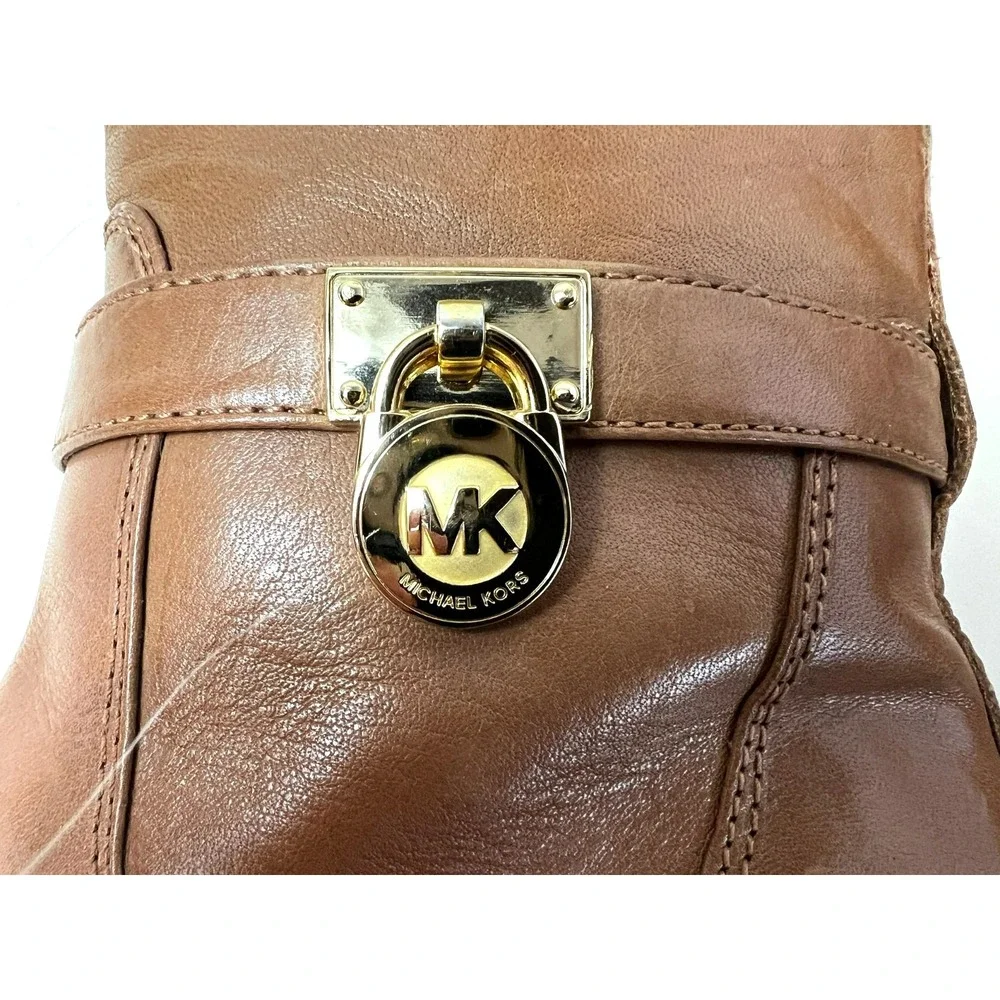 Michael Kors Hamilton Tall riding Boots Caramel Leather Padlock Logo‎ 1/4 Zip, 8